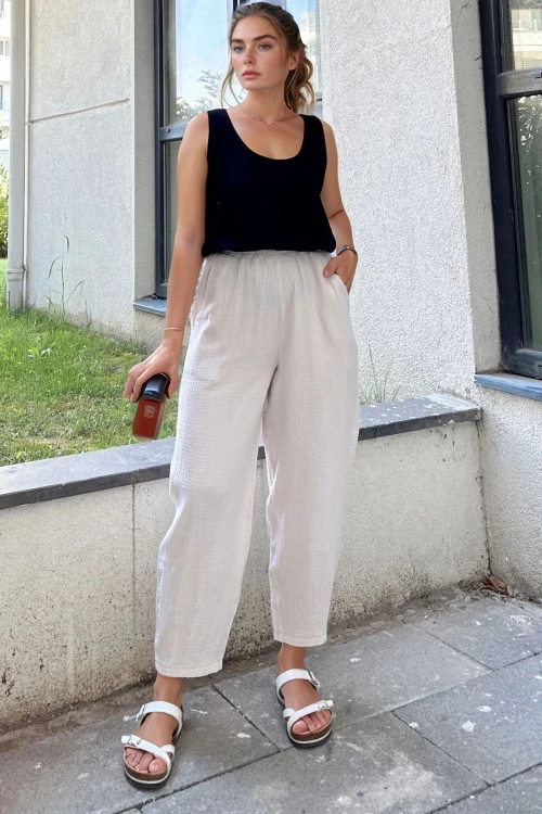 Taş Müslin Beli Lastikli Cepli Salaş Pantolon BCBSK-25700-3416