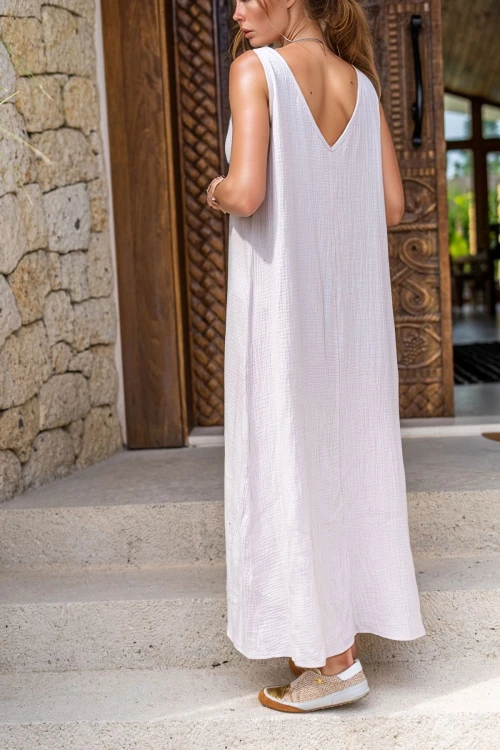 Taş Müslin V Yaka Önden Yırtmaçlı Uzun Salaş Elbise BCBSK-25700-3419