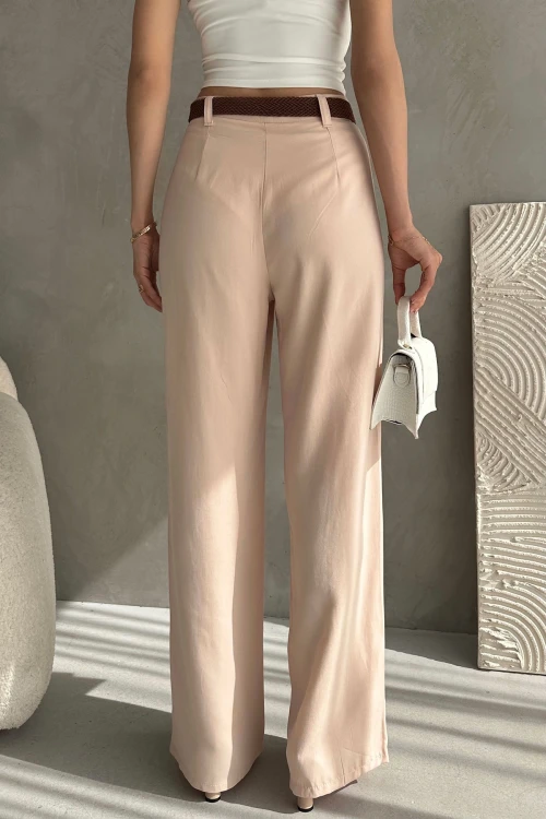 Toz Pembe Beli Kemerli Keten Pantolon