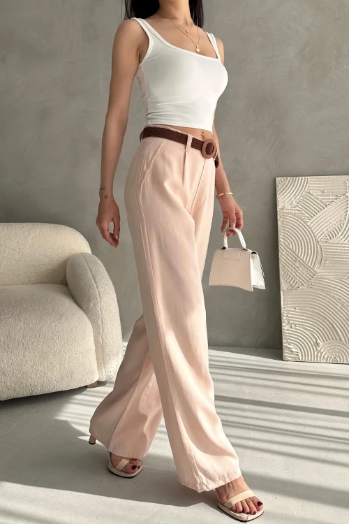 Toz Pembe Beli Kemerli Keten Pantolon