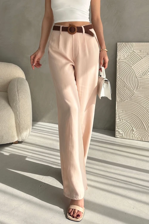 Toz Pembe Beli Kemerli Keten Pantolon