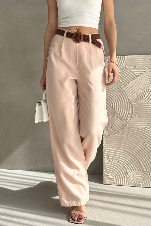 Toz Pembe Beli Kemerli Keten Pantolon