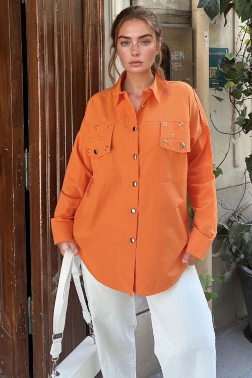 Turuncu Çıtçıtlı Zımda Detaylı Apoletli Poplin Salaş Gömlek BCBSK-25700-3519