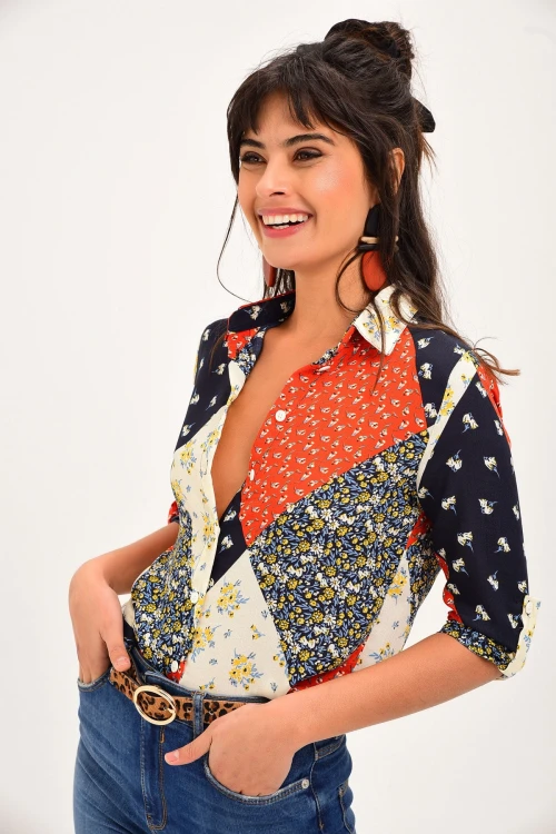 Turuncu Color Block Desenli Gömlek BCBSK-25700-T4012-1070