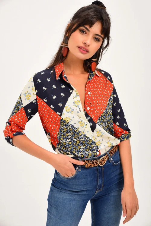 Turuncu Color Block Desenli Gömlek BCBSK-25700-T4012-1070