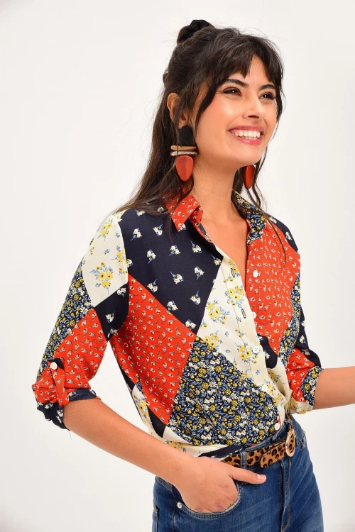 Turuncu Color Block Desenli Gömlek BCBSK-25700-T4012-1070