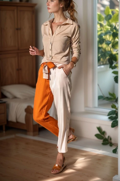 Turuncu Color Block Kemerli Parlak Pantolon BCBSK-25700-3133