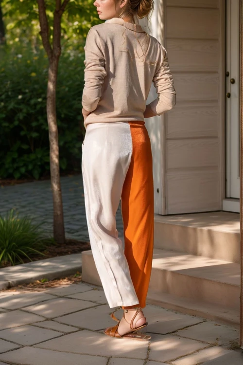 Turuncu Color Block Kemerli Parlak Pantolon BCBSK-25700-3133