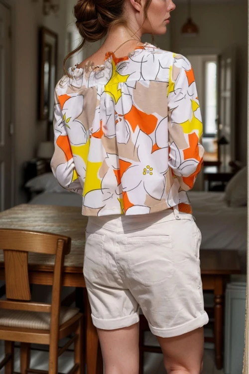 Turuncu Desenli Poplin Crop Ceket BCBSK-25700-3227