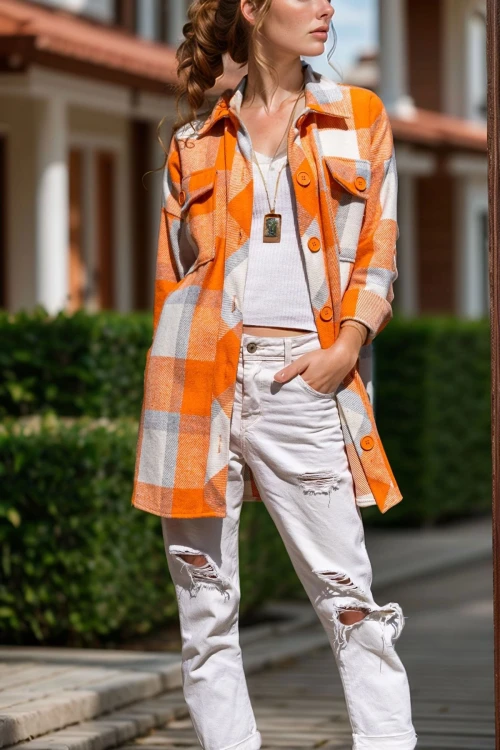 Turuncu Ekose Cepli Salaş Kalın Ceket Gömlek BCBSK-25700-3174