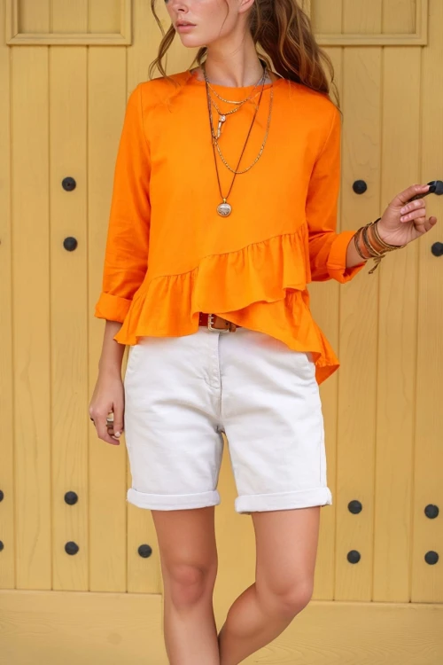 Turuncu Eteği Katlı Fırfırlı Vual Bluz BCBSK-25700-3571