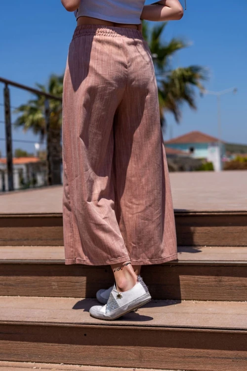 Turuncu Keten Beli Lastikli Cepli Paçası Yırtmaçlı Salaş Kapri Pantolon BCBSK-25700-3404