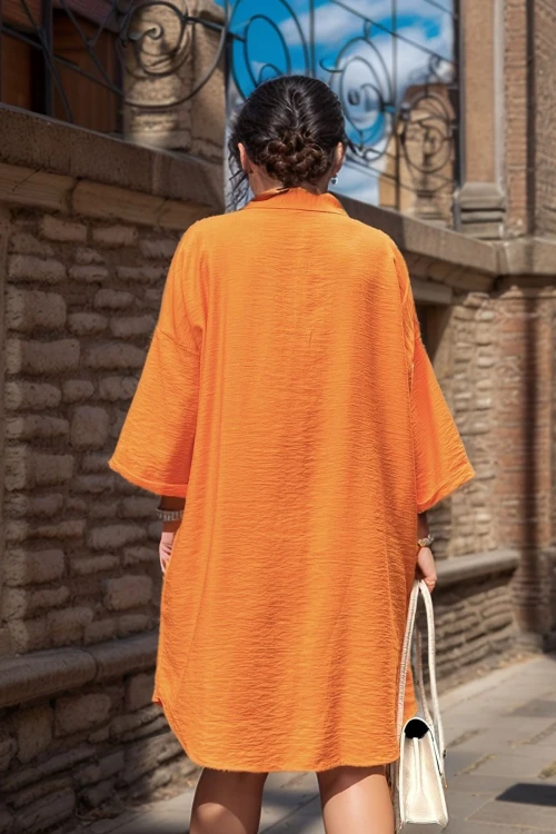 Turuncu Keten Görünümlü Truvakar Kol Salaş Gömlek Elbise BCBSK-25700-3582