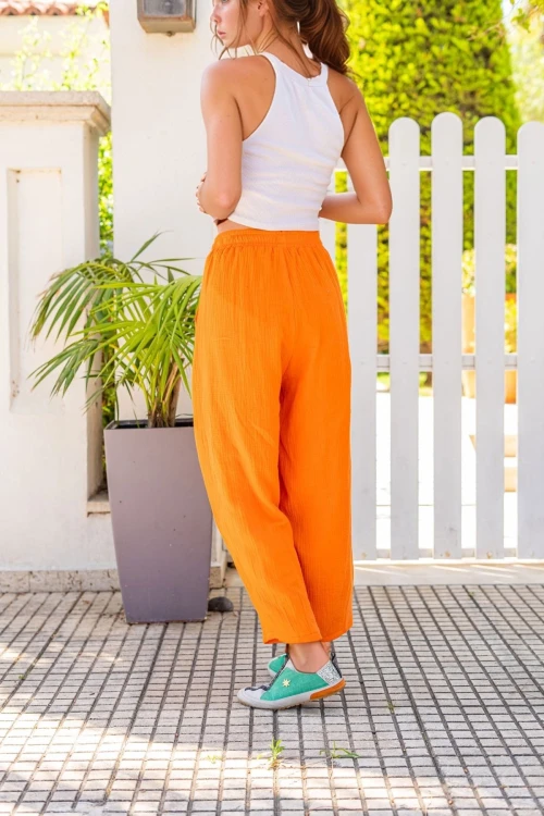 Turuncu Müslin Beli Lastikli Cepli Salaş Pantolon BCBSK-25700-3416