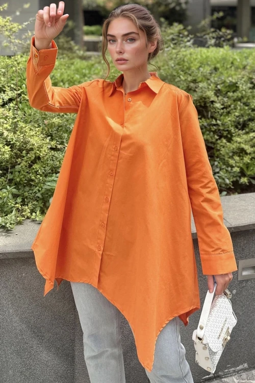 Turuncu Oversize Asimetrik Uzun Kollu Gömlek BCBSK-25700-3530