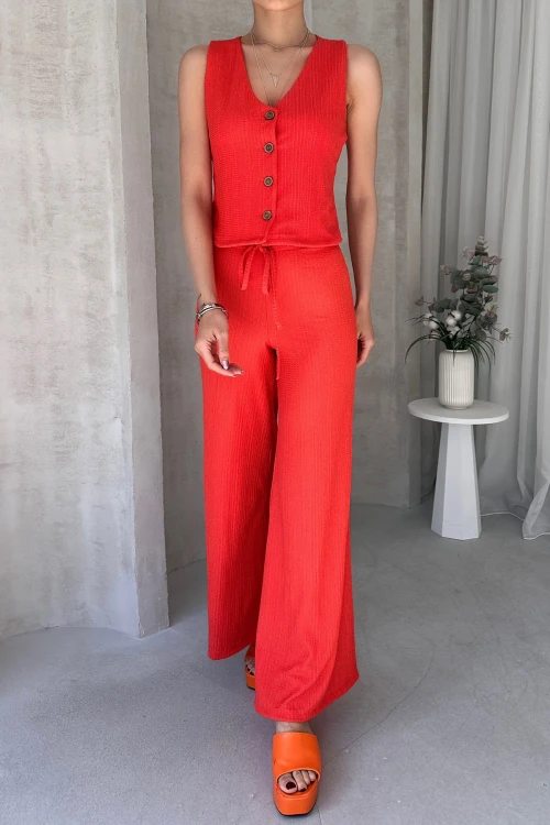 Turuncu V Yaka Düğmeli Yelek Ve Pantolon Takım BCDF-252190-1