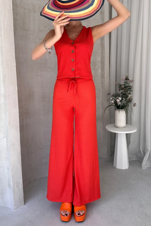Turuncu V Yaka Düğmeli Yelek Ve Pantolon Takım BCDF-252190-1