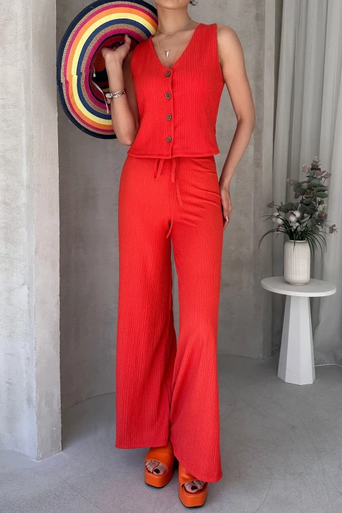 Turuncu V Yaka Düğmeli Yelek Ve Pantolon Takım BCDF-252190-1