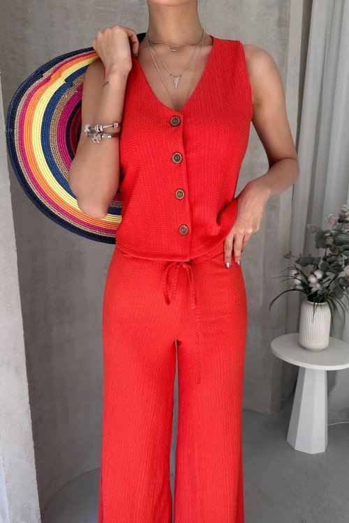 Turuncu V Yaka Düğmeli Yelek Ve Pantolon Takım BCDF-252190-1