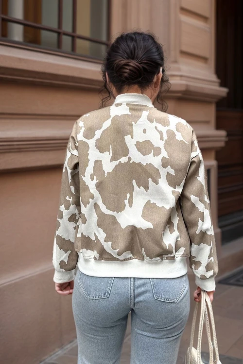 Vizon Kendinden Desenli Gabardin Çift Cep Fermuarlı Bomber Ceket BCBSK-25700-3567