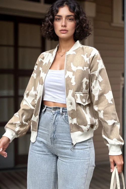 Vizon Kendinden Desenli Gabardin Çift Cep Fermuarlı Bomber Ceket BCBSK-25700-3567