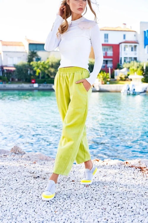 Yağ Yeşili Gabardin Beli Lastikli Cepli Salaş Pantolon BCBSK-25700-3475