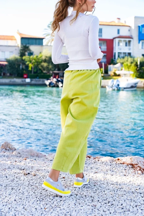 Yağ Yeşili Gabardin Beli Lastikli Cepli Salaş Pantolon BCBSK-25700-3475