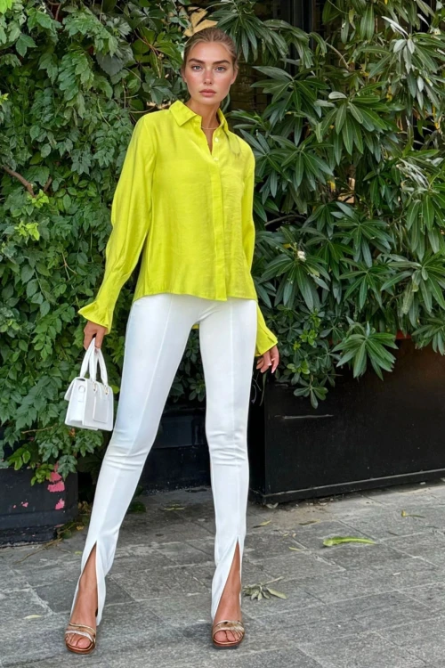 Yağ Yeşili Oversize Uzun Kollu Gömlek BCBSK-25700-3537