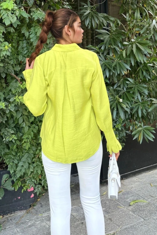 Yağ Yeşili Oversize Uzun Kollu Gömlek BCBSK-25700-3537