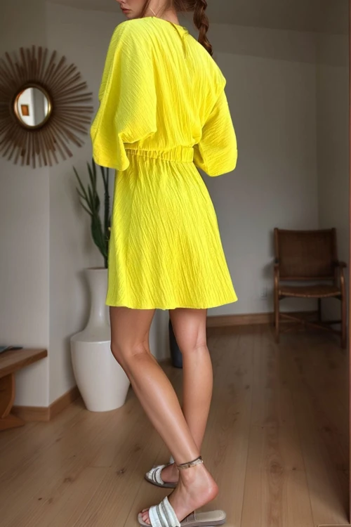 Yağ Yeşili Yakası Yırtmaçlı Beli Lastikli Yarasa Kol Yumuşak Dokulu Salaş Elbise BCBSK-25700-3654