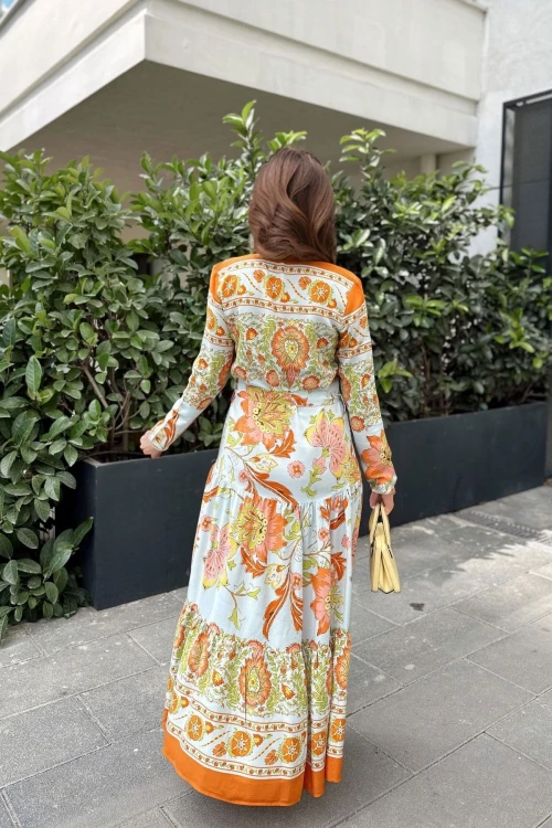 Yeşil Desenli Salaş Beli Kemerli Elbise BCBSK-25700-3439