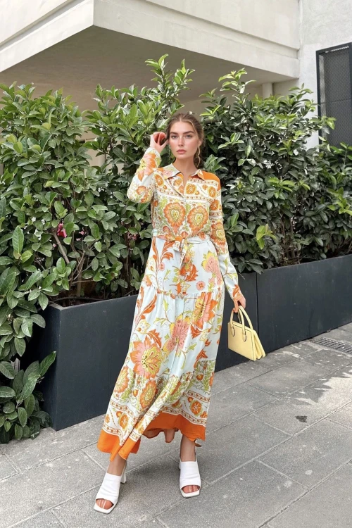 Yeşil Desenli Salaş Beli Kemerli Elbise BCBSK-25700-3439