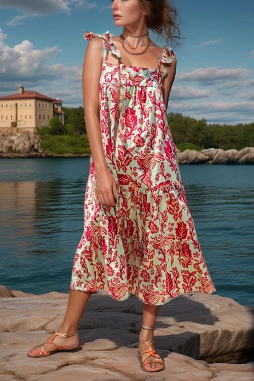 Yeşil Fırfır Askılı Desenli Yazlık Elbise BCBSK-25700-SS22-7093