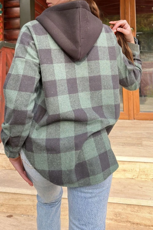 Yeşil Kapüşonlu Oversize Uzun Kollu Gömlek BCBSK-25700-3667
