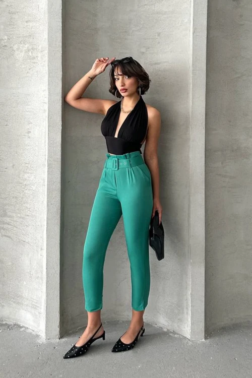 Yeşil Kemerli Dokuma Havuç Pantolon BCHN-2525238