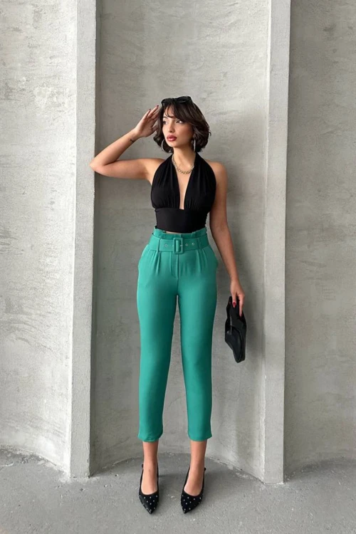 Yeşil Kemerli Dokuma Havuç Pantolon BCHN-2525238