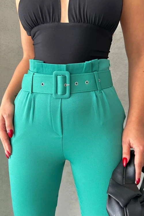 Yeşil Kemerli Dokuma Havuç Pantolon BCHN-2525238