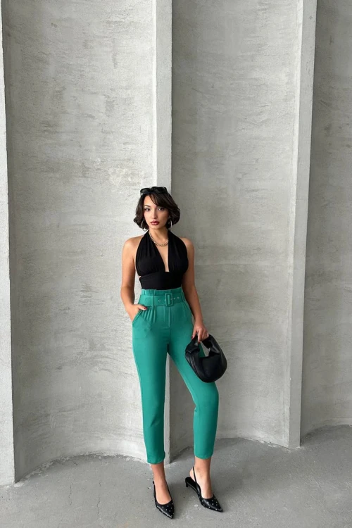 Yeşil Kemerli Dokuma Havuç Pantolon BCHN-2525238