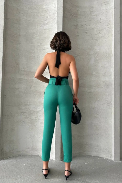 Yeşil Kemerli Dokuma Havuç Pantolon BCHN-2525238