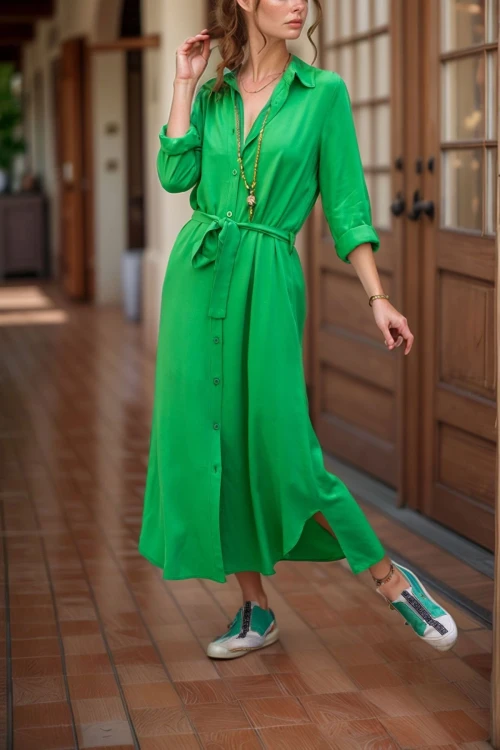 Yeşil Kendinden Kuşaklı Uzun Gömlek Elbise BCBSK-25700-T4011-1490