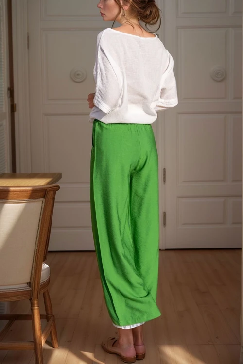 Yeşil Keten Beli Lastikli Salaş Pantolon BCBSK-25700-2933