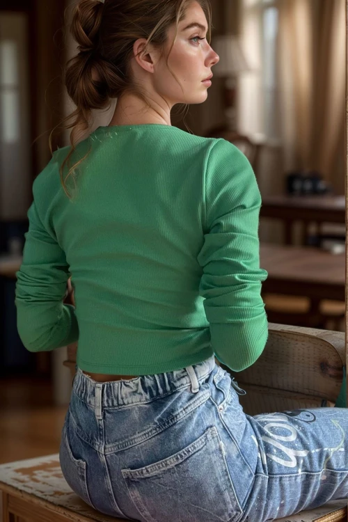 Yeşil Kruvaze Kaşkorse Likralı Crop Bluz BCBSK-25700-3324