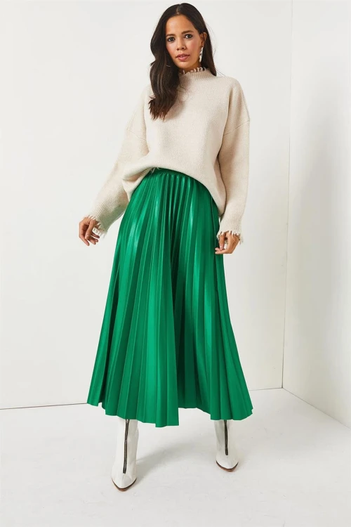 Yeşil Pileli Saten Yüzey Uzun Etek BCBSK-25700-K7605