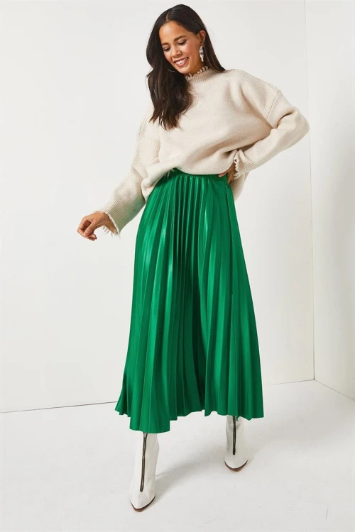 Yeşil Pileli Saten Yüzey Uzun Etek BCBSK-25700-K7605