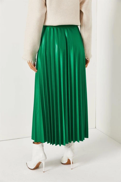 Yeşil Pileli Saten Yüzey Uzun Etek BCBSK-25700-K7605