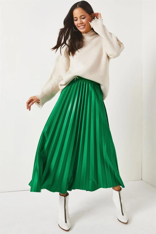 Yeşil Pileli Saten Yüzey Uzun Etek BCBSK-25700-K7605