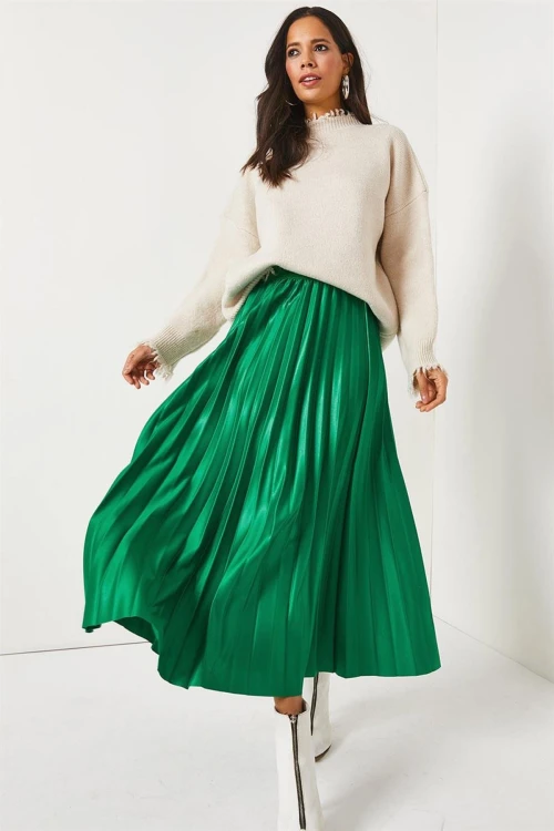 Yeşil Pileli Saten Yüzey Uzun Etek BCBSK-25700-K7605