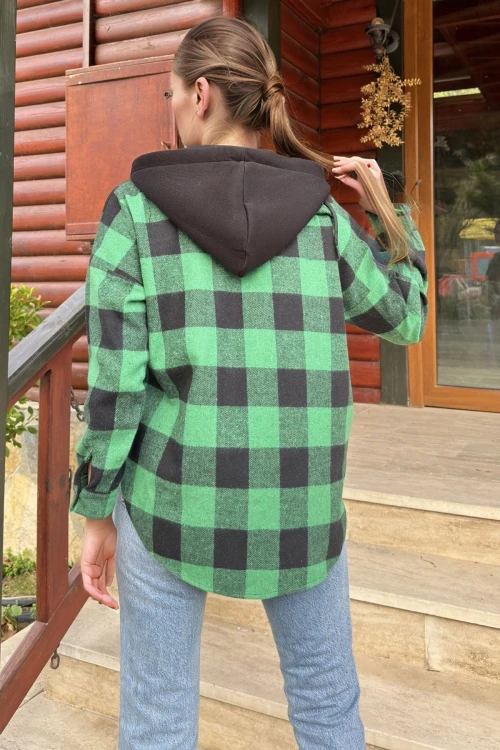Zümrüt Yeşil Kapüşonlu Oversize Uzun Kollu Gömlek BCBSK-25700-3667