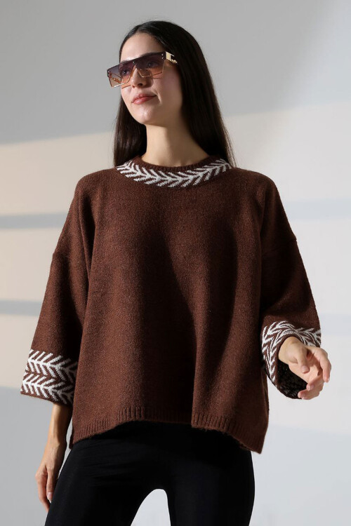 Acı Kahve Bisiklet Yaka Desenli Triko Kazak BCES-252038