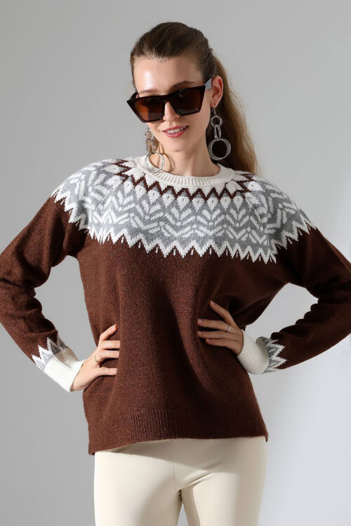 Acı Kahve Bisiklet Yaka Kar Desenli Triko Kazak BCES-252028